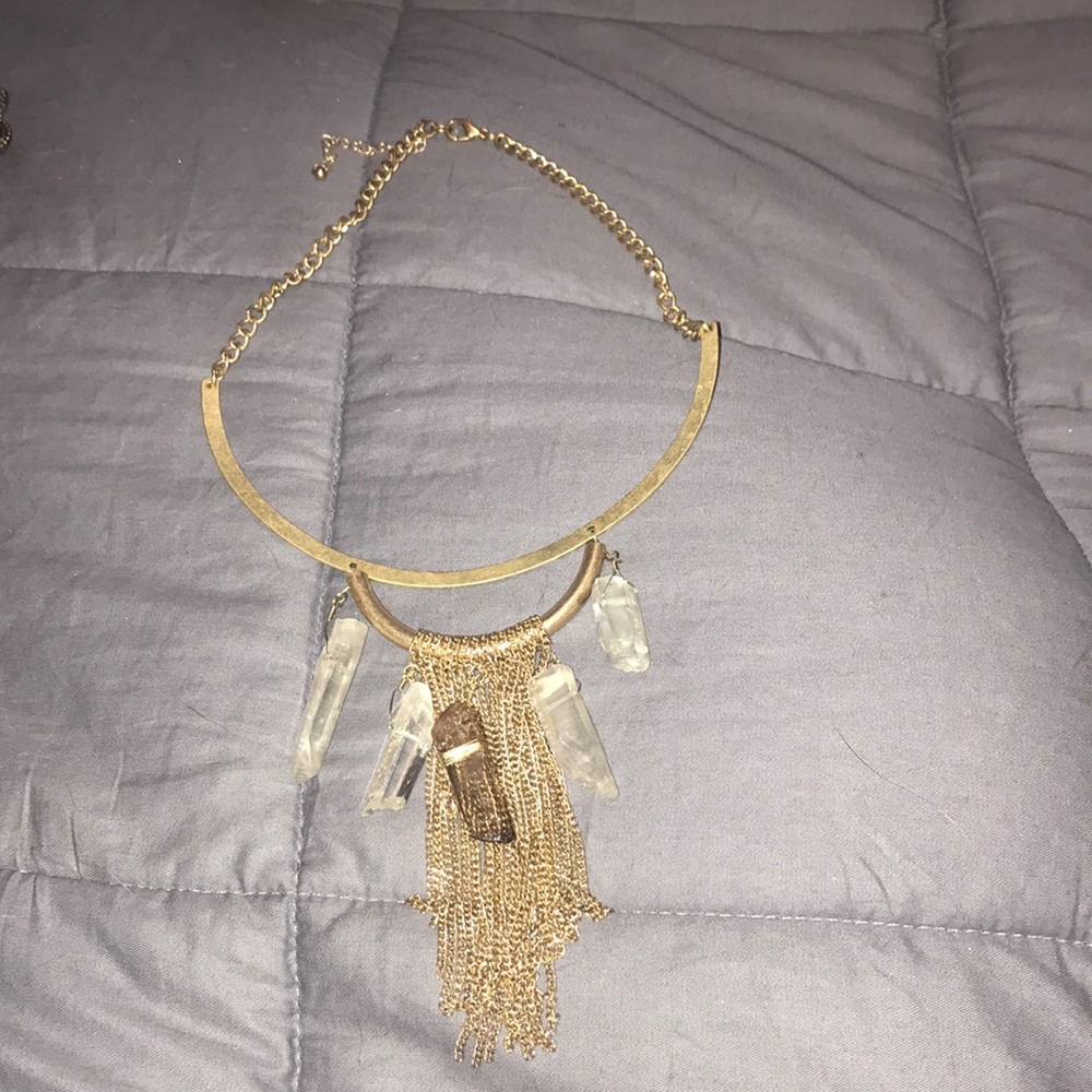 Unique brass , crystal and fringe necklace